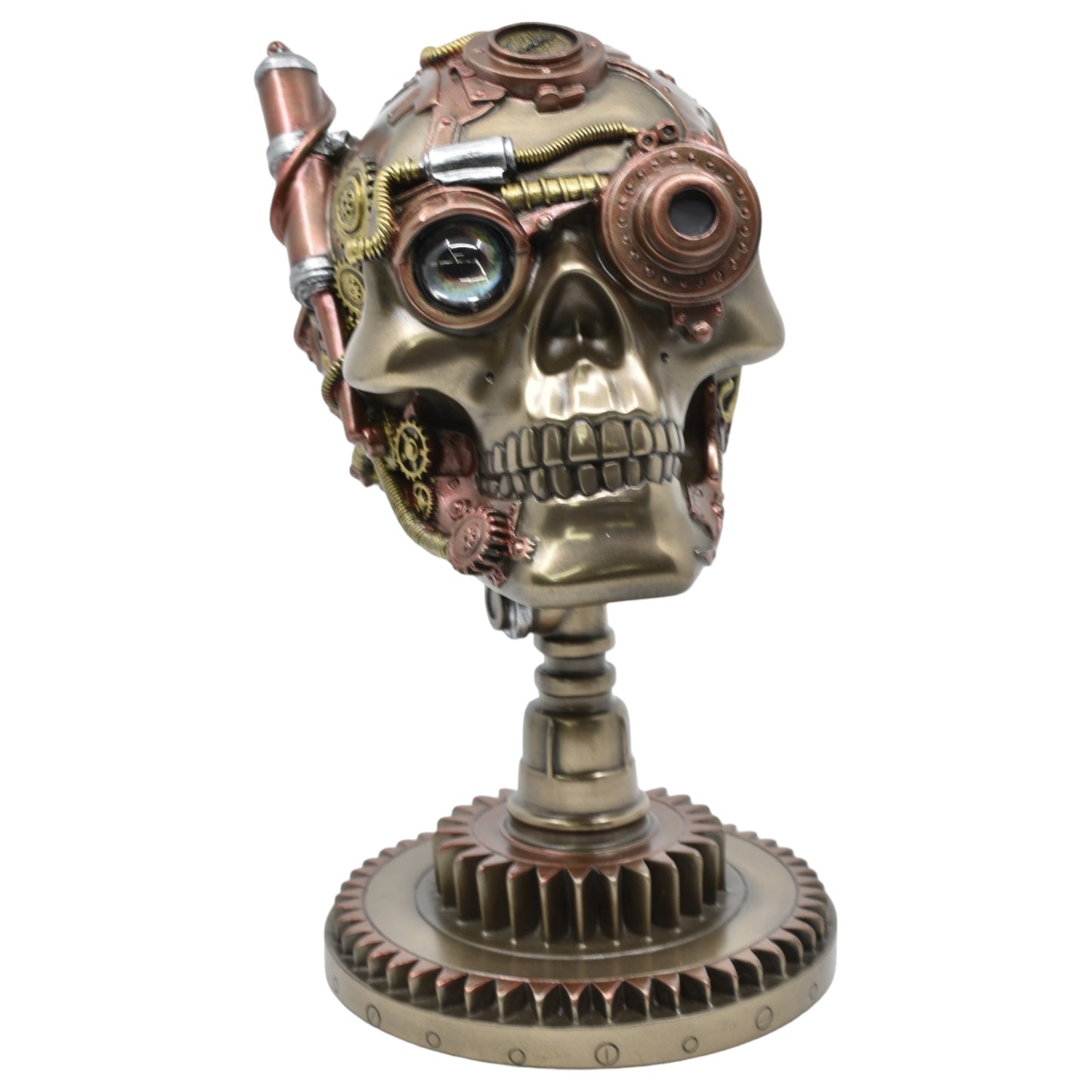 Çarklı Kurukafa Dekoratif Biblo | Soğuk Döküm Reçine (Cold Cast Resin) El Boyaması Steampunk Heykel 22,5 cm