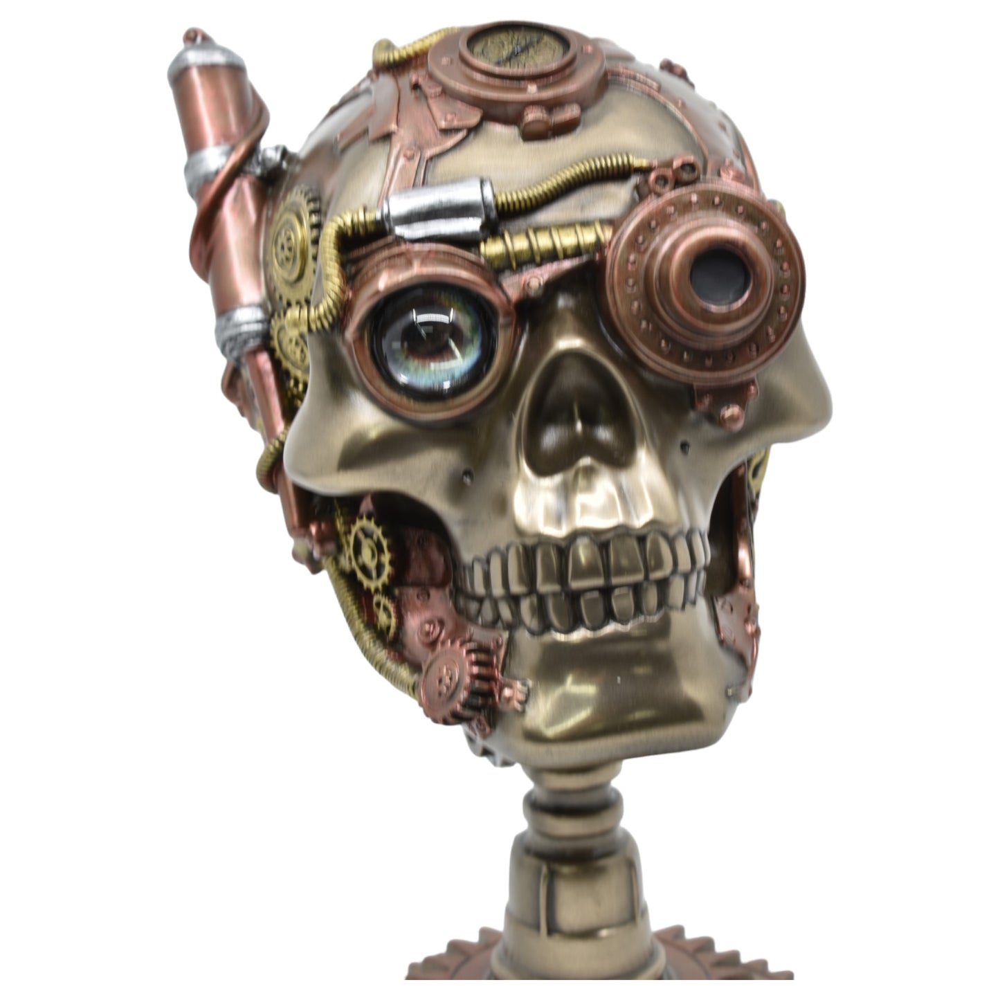 Çarklı Kurukafa Dekoratif Biblo | Soğuk Döküm Reçine (Cold Cast Resin) El Boyaması Steampunk Heykel 22,5 cm