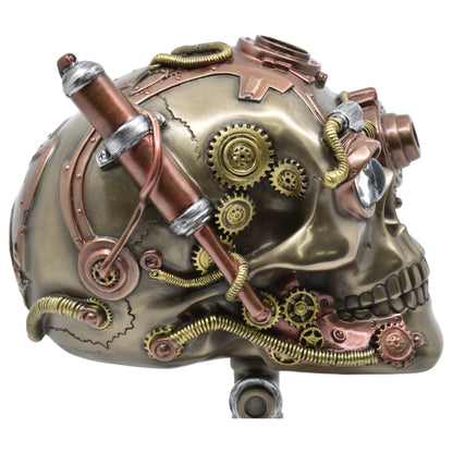 Çarklı Kurukafa Dekoratif Biblo | Soğuk Döküm Reçine (Cold Cast Resin) El Boyaması Steampunk Heykel 22,5 cm