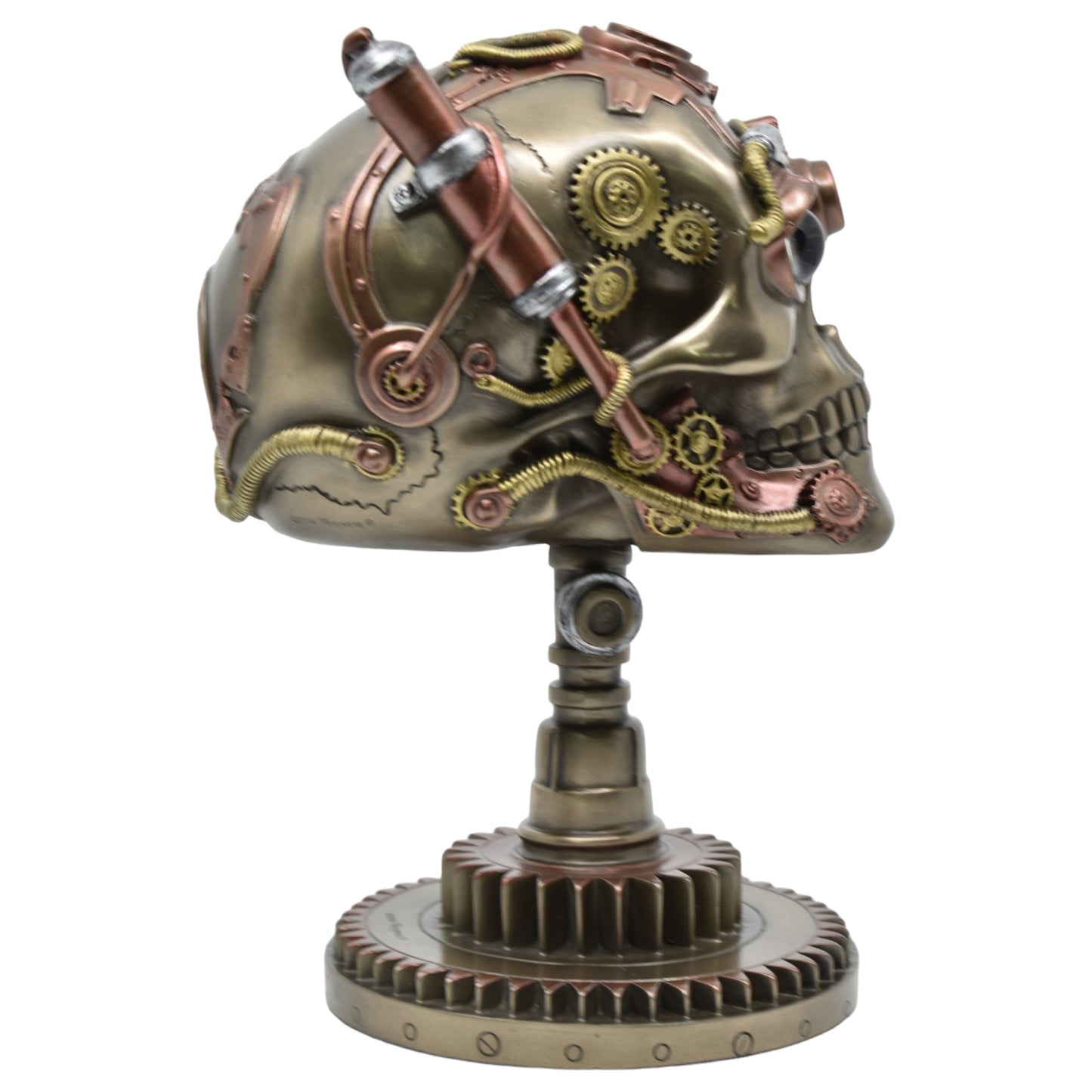 Çarklı Kurukafa Dekoratif Biblo | Soğuk Döküm Reçine (Cold Cast Resin) El Boyaması Steampunk Heykel 22,5 cm