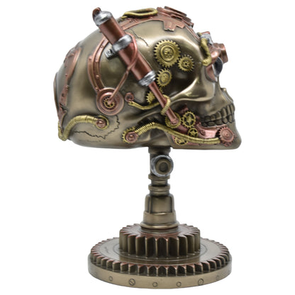 Çarklı Kurukafa Dekoratif Biblo | Soğuk Döküm Reçine (Cold Cast Resin) El Boyaması Steampunk Heykel 22,5 cm