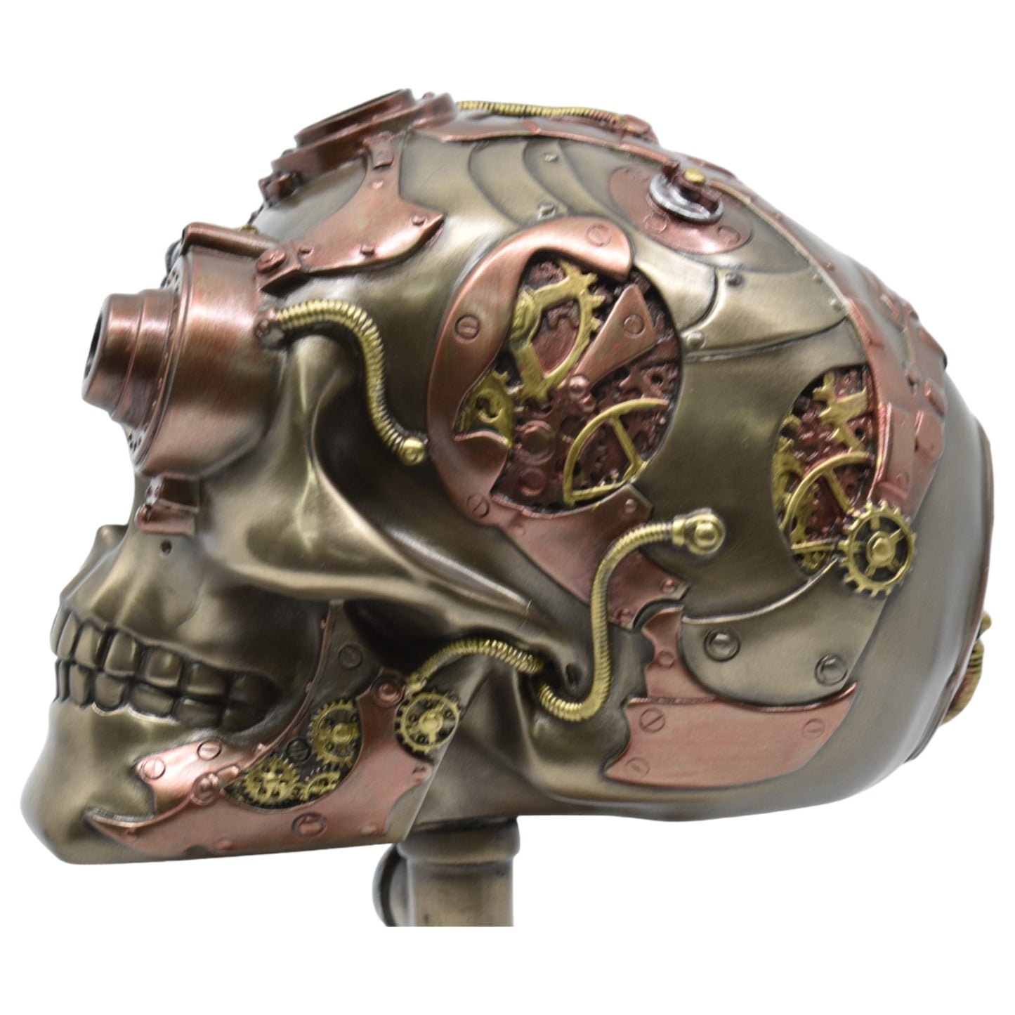 Çarklı Kurukafa Dekoratif Biblo | Soğuk Döküm Reçine (Cold Cast Resin) El Boyaması Steampunk Heykel 22,5 cm