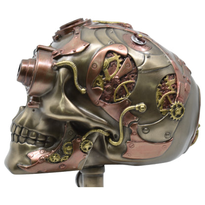 Çarklı Kurukafa Dekoratif Biblo | Soğuk Döküm Reçine (Cold Cast Resin) El Boyaması Steampunk Heykel 22,5 cm