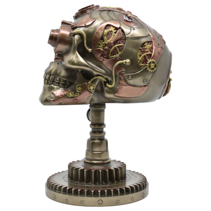 Çarklı Kurukafa Dekoratif Biblo | Soğuk Döküm Reçine (Cold Cast Resin) El Boyaması Steampunk Heykel 22,5 cm