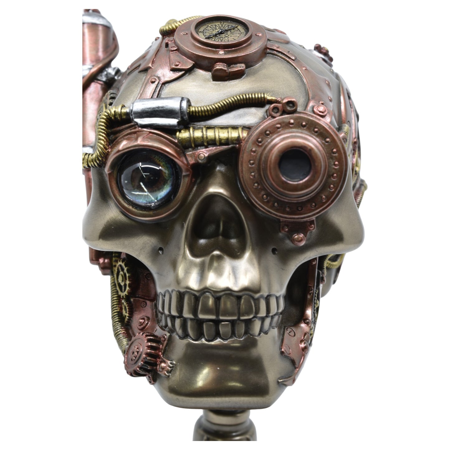 Çarklı Kurukafa Dekoratif Biblo | Soğuk Döküm Reçine (Cold Cast Resin) El Boyaması Steampunk Heykel 22,5 cm