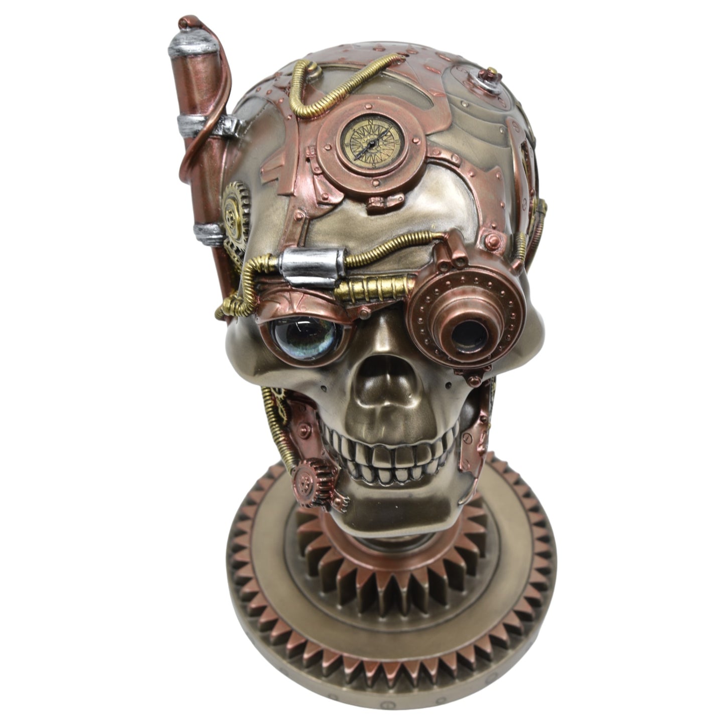 Çarklı Kurukafa Dekoratif Biblo | Soğuk Döküm Reçine (Cold Cast Resin) El Boyaması Steampunk Heykel 22,5 cm
