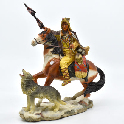 Atlı Yerli Savaşçı ve Kurt Dekoratif Heykel | Yerli Avcı Koleksiyon Figürü 21 cm