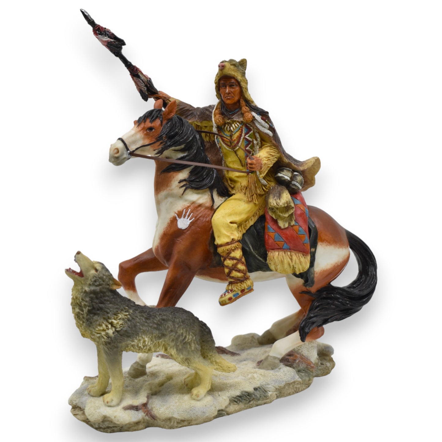 Atlı Yerli Savaşçı ve Kurt Dekoratif Heykel | Yerli Avcı Koleksiyon Figürü 21 cm