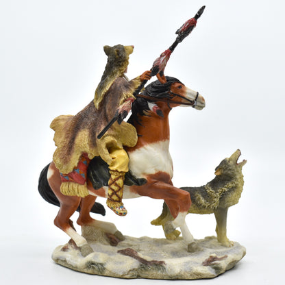 Atlı Yerli Savaşçı ve Kurt Dekoratif Heykel | Yerli Avcı Koleksiyon Figürü 21 cm