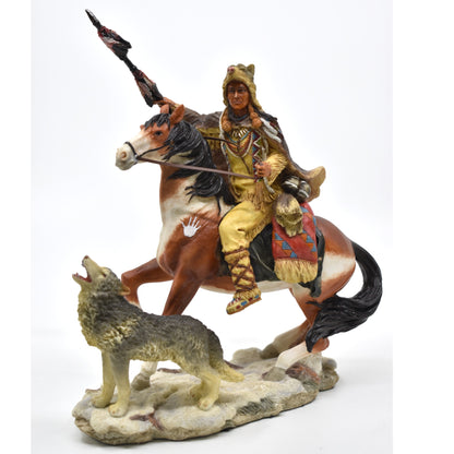 Atlı Yerli Savaşçı ve Kurt Dekoratif Heykel | Yerli Avcı Koleksiyon Figürü 21 cm