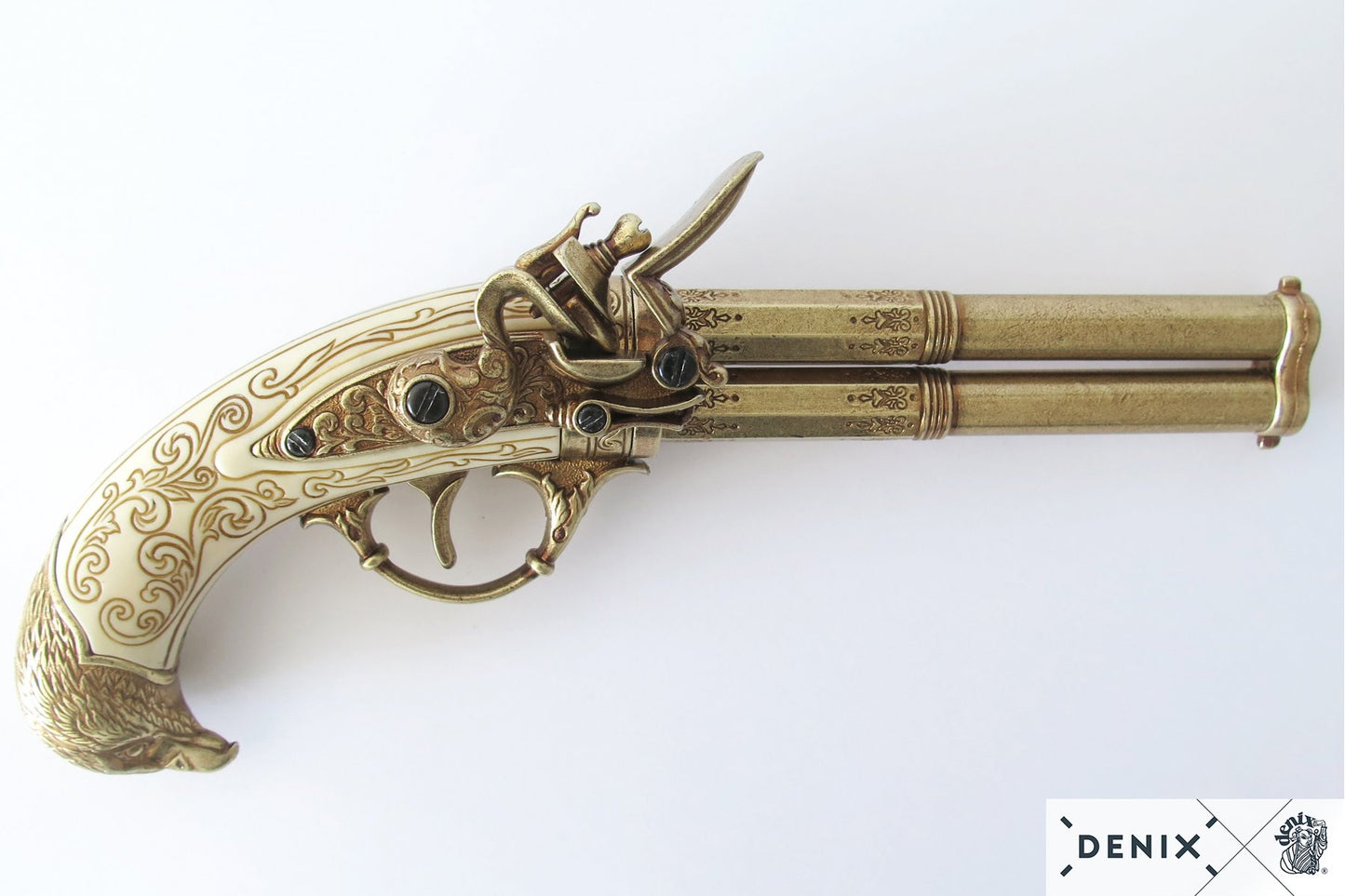 Denix Revolving 2-Barrel Flintlock Pistol Replica, France 18th C.
