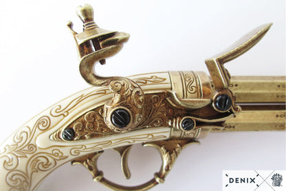 Denix Revolving 2-Barrel Flintlock Pistol Replica, France 18th C.