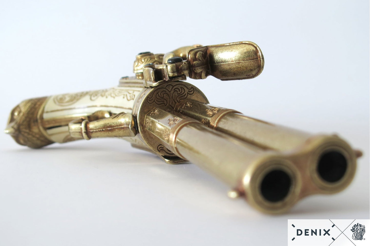 Denix Revolving 2-Barrel Flintlock Pistol Replica, France 18th C.