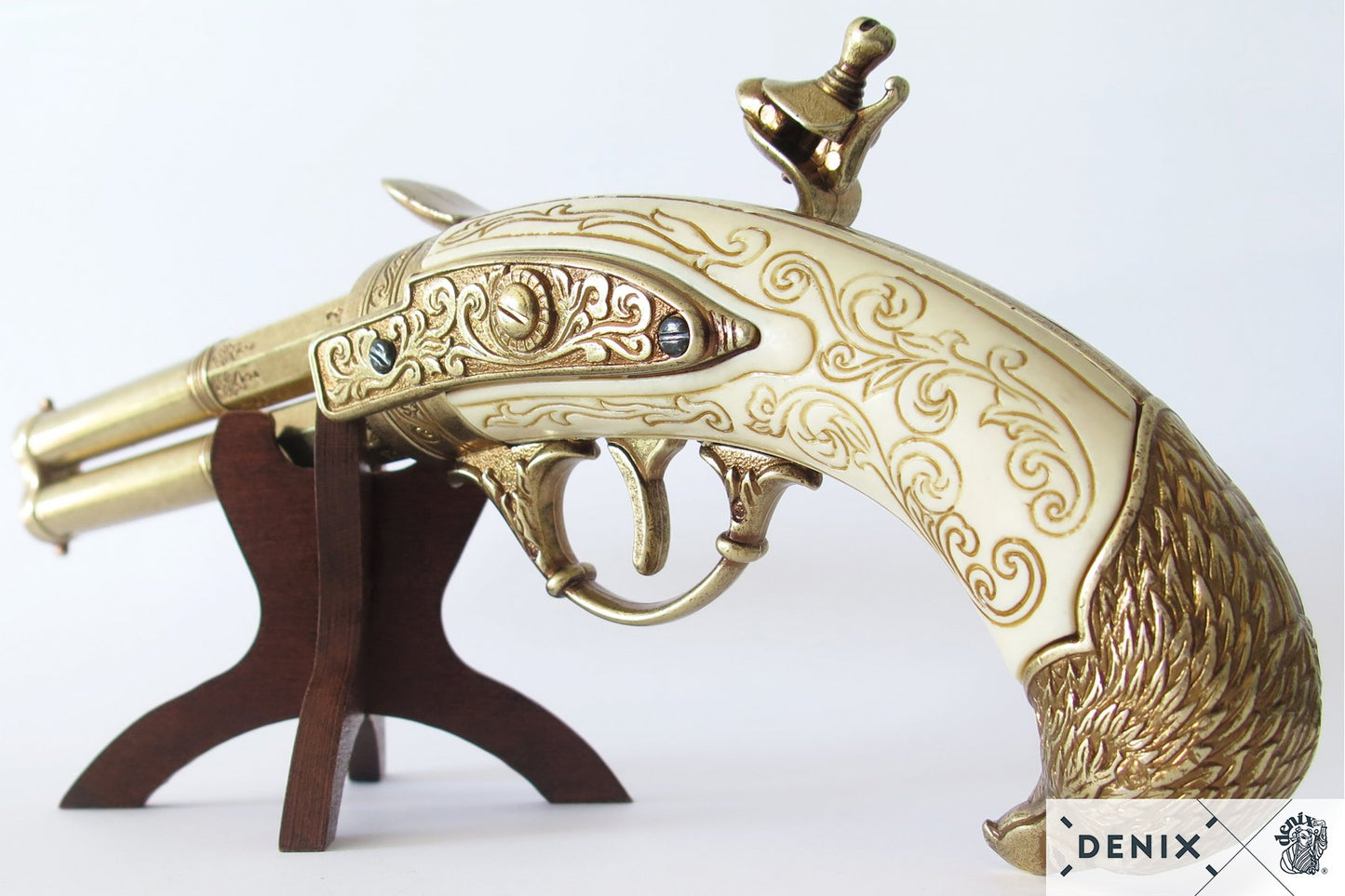 Denix Revolving 2-Barrel Flintlock Pistol Replica, France 18th C.