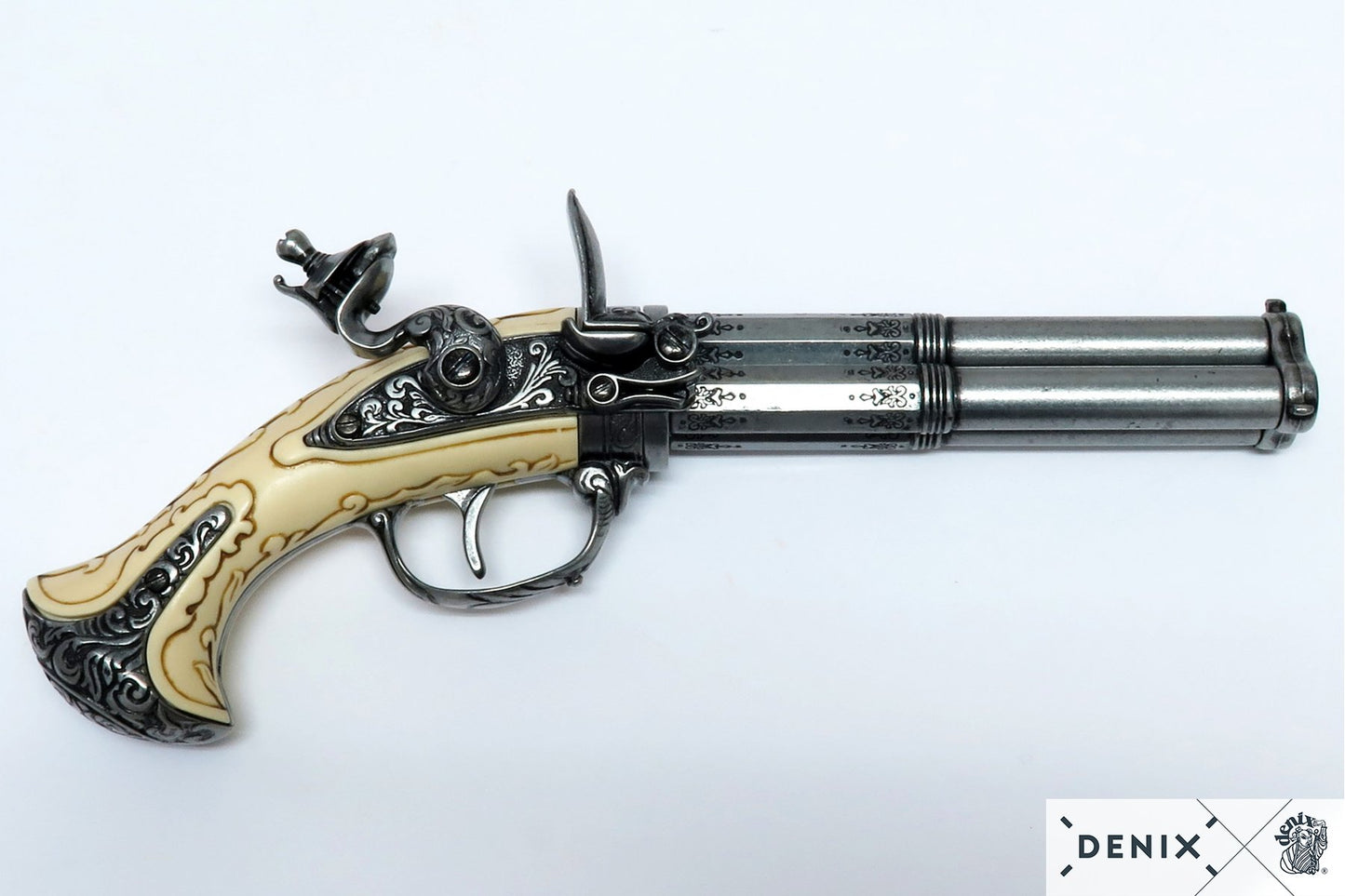 Denix 18th Century French 3-Barrel Rotating Flintlock Pistol Replica – Flintlock Decorative Pistol