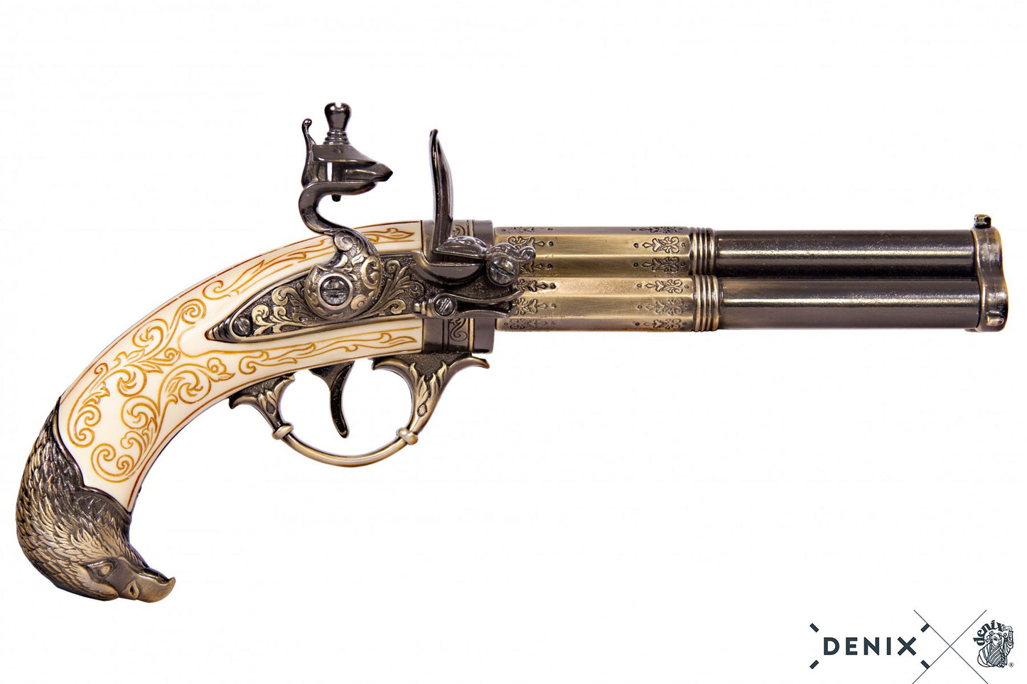 Denix 18th Century French 3-Barrel Flintlock Pistol Replica - Eagle Head Hilt (Decorative)