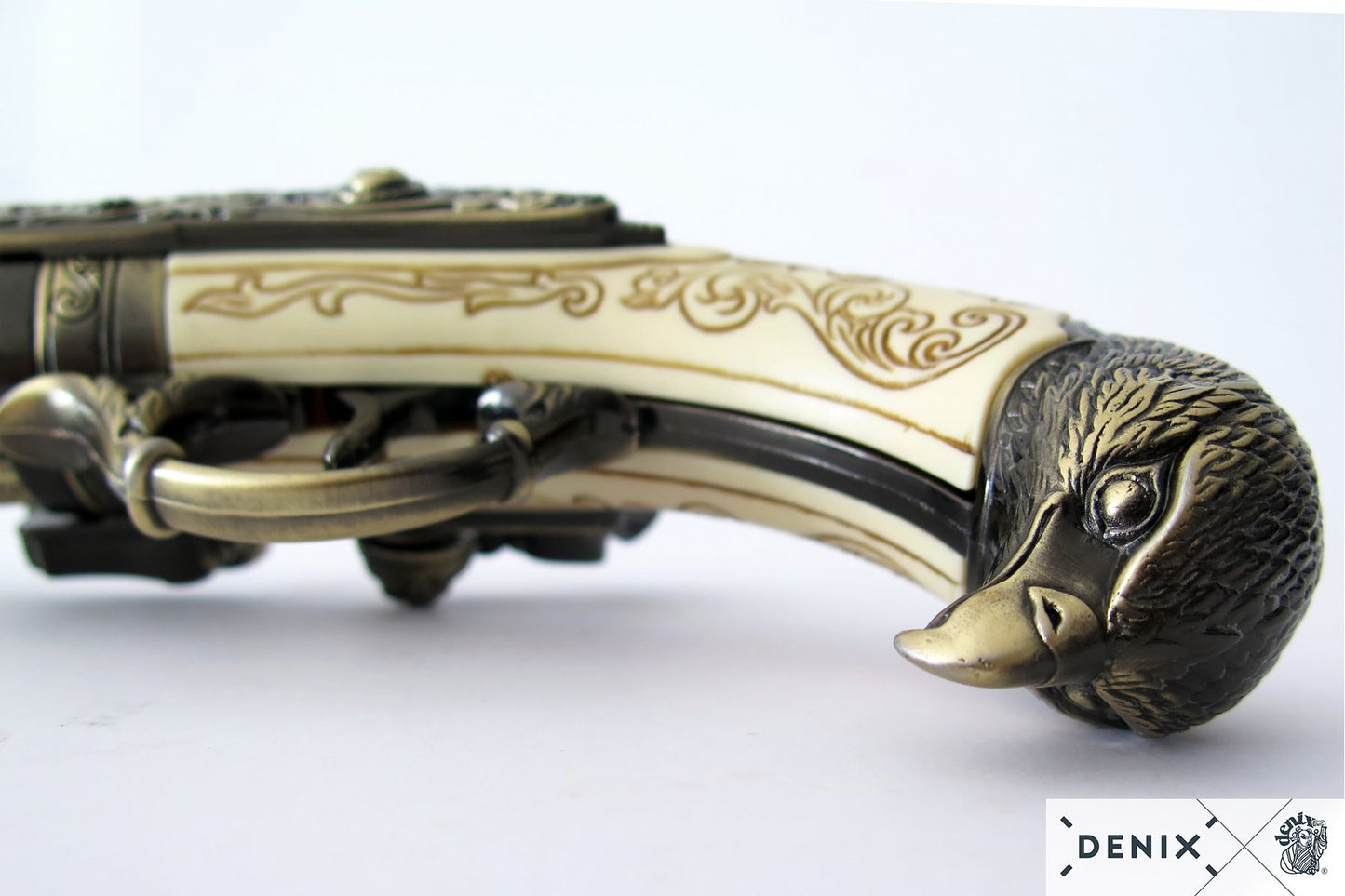 Denix 18th Century French 3-Barrel Flintlock Pistol Replica - Eagle Head Hilt (Decorative)