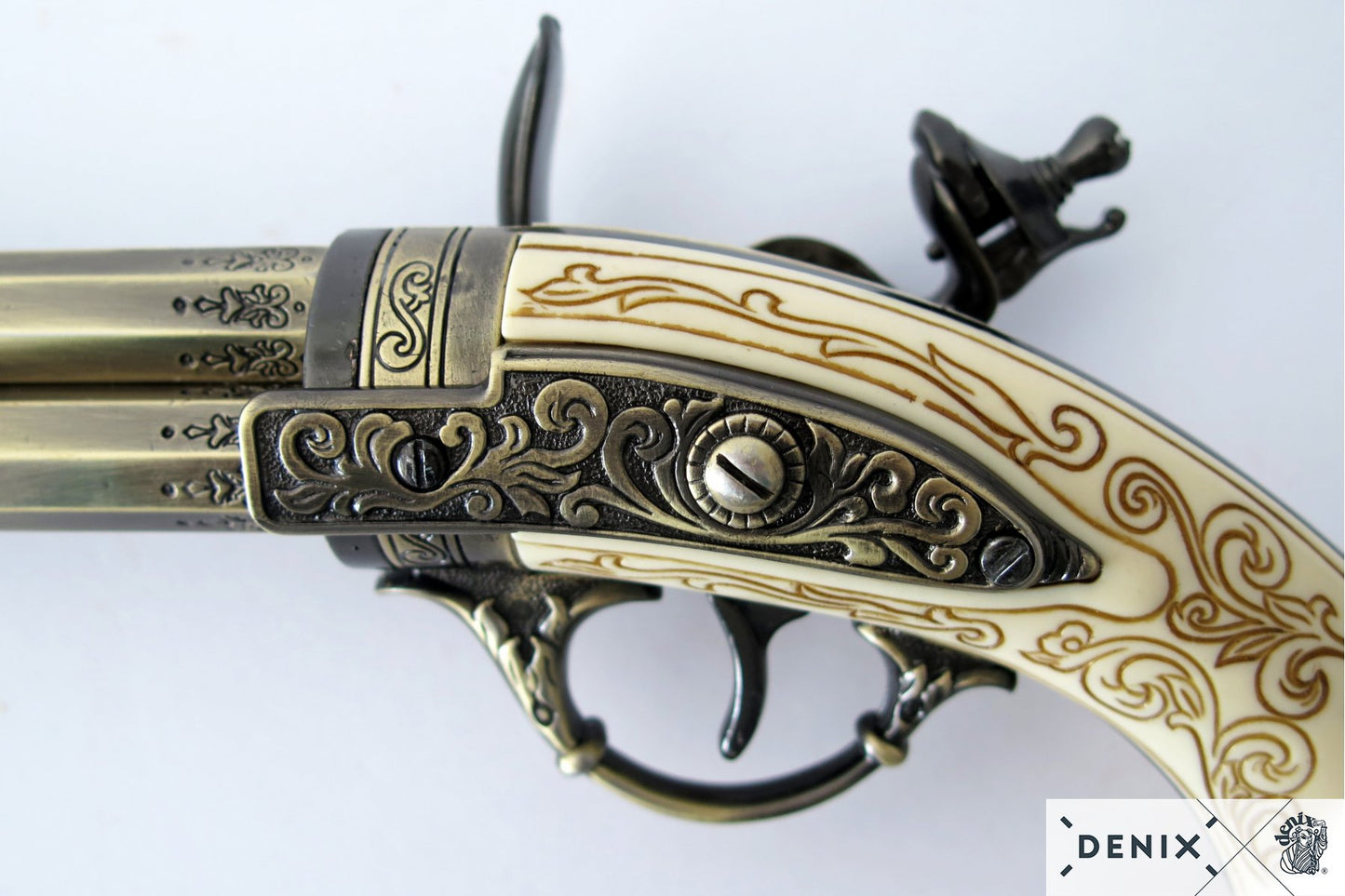 Denix 18th Century French 3-Barrel Flintlock Pistol Replica - Eagle Head Hilt (Decorative)
