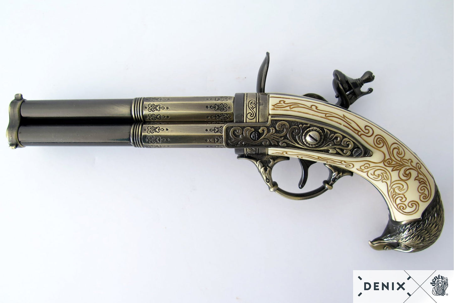 Denix 18th Century French 3-Barrel Flintlock Pistol Replica - Eagle Head Hilt (Decorative)