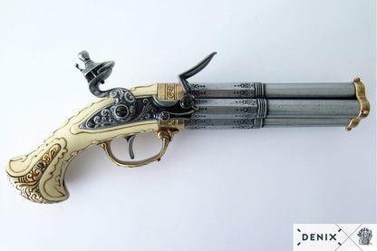 Denix 18th Century French 4-Barrel Flintlock Pistol Replica - Flintlock Decorative Pistol