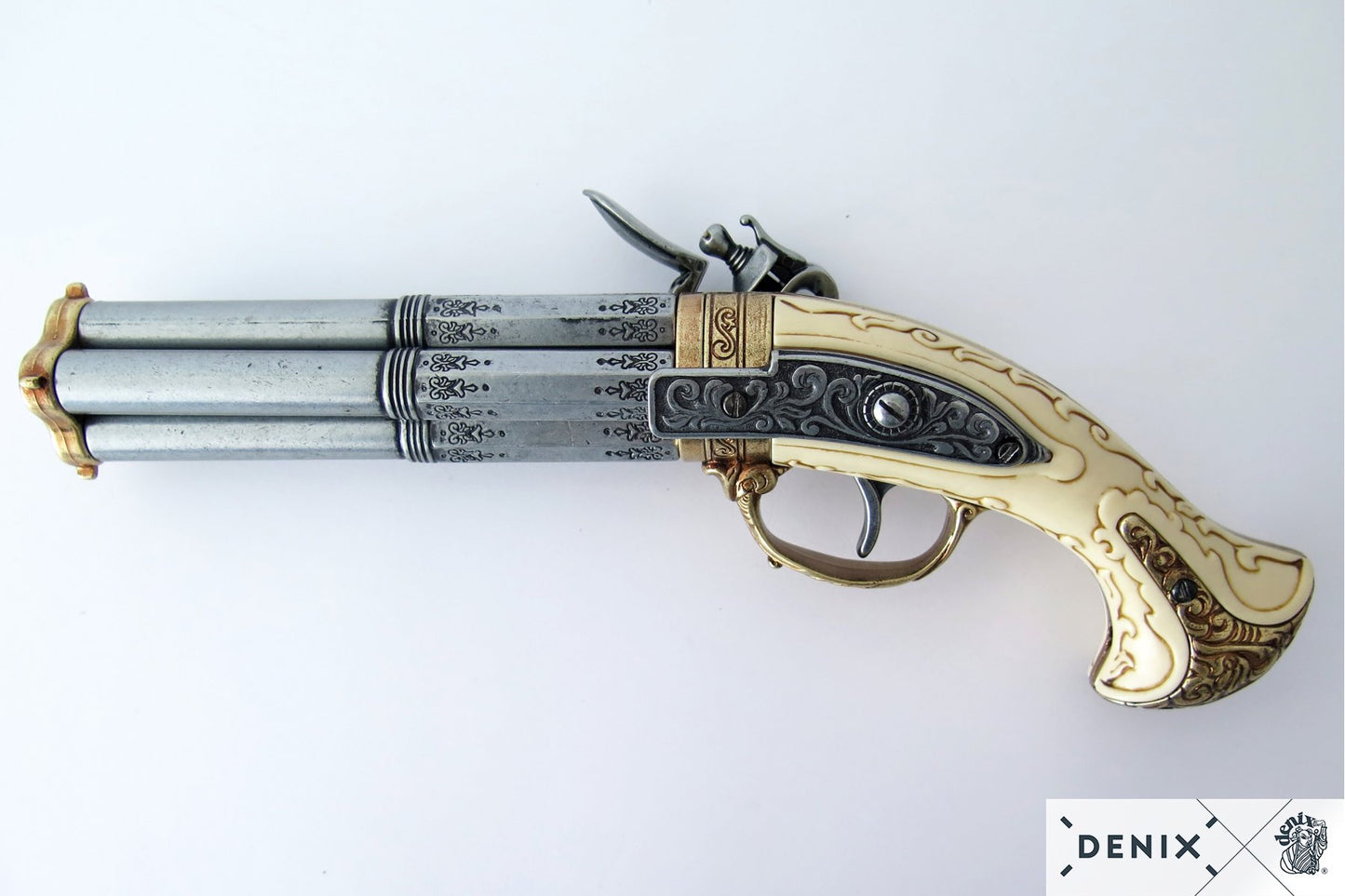 Denix 18th Century French 4-Barrel Flintlock Pistol Replica - Flintlock Decorative Pistol