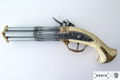 Denix 18th Century French 4-Barrel Flintlock Pistol Replica - Flintlock Decorative Pistol