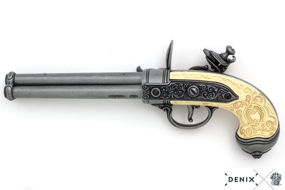 Denix Flintlock 3-Barrel Replica Pistol, Italy 1680