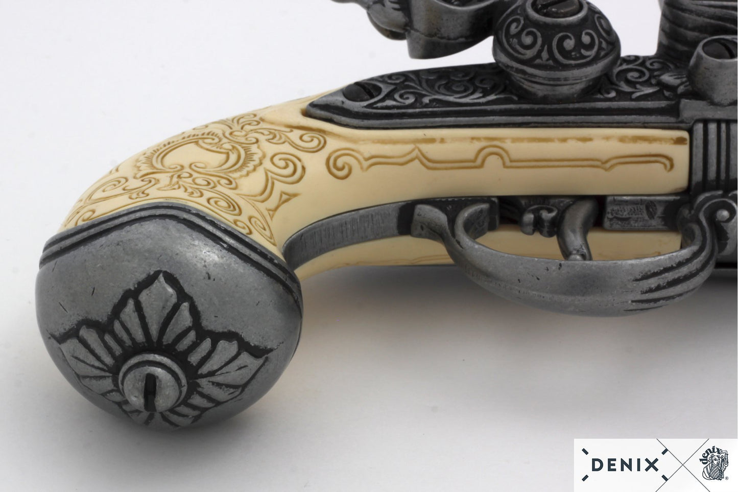 Denix Flintlock 3-Barrel Replica Pistol, Italy 1680