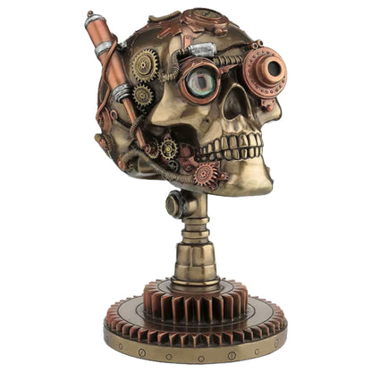 Çarklı Kurukafa Dekoratif Biblo | Soğuk Döküm Reçine (Cold Cast Resin) El Boyaması Steampunk Heykel 22,5 cm