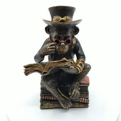 Kitap Okuyan Şempanze Dekoratif Biblo Cold Cast Resin El Boyaması 19,5 cm