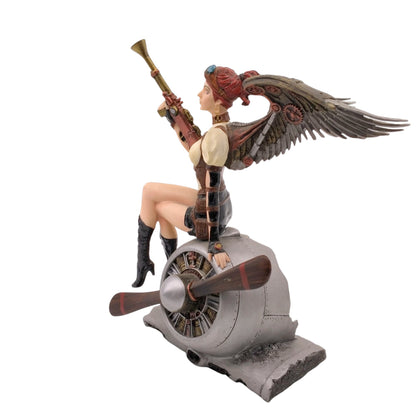 Female Warrior Sitting on Propeller Engine Figurine Cold Cast Resin Hand Painted 21 cm