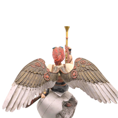 Female Warrior Sitting on Propeller Engine Figurine Cold Cast Resin Hand Painted 21 cm