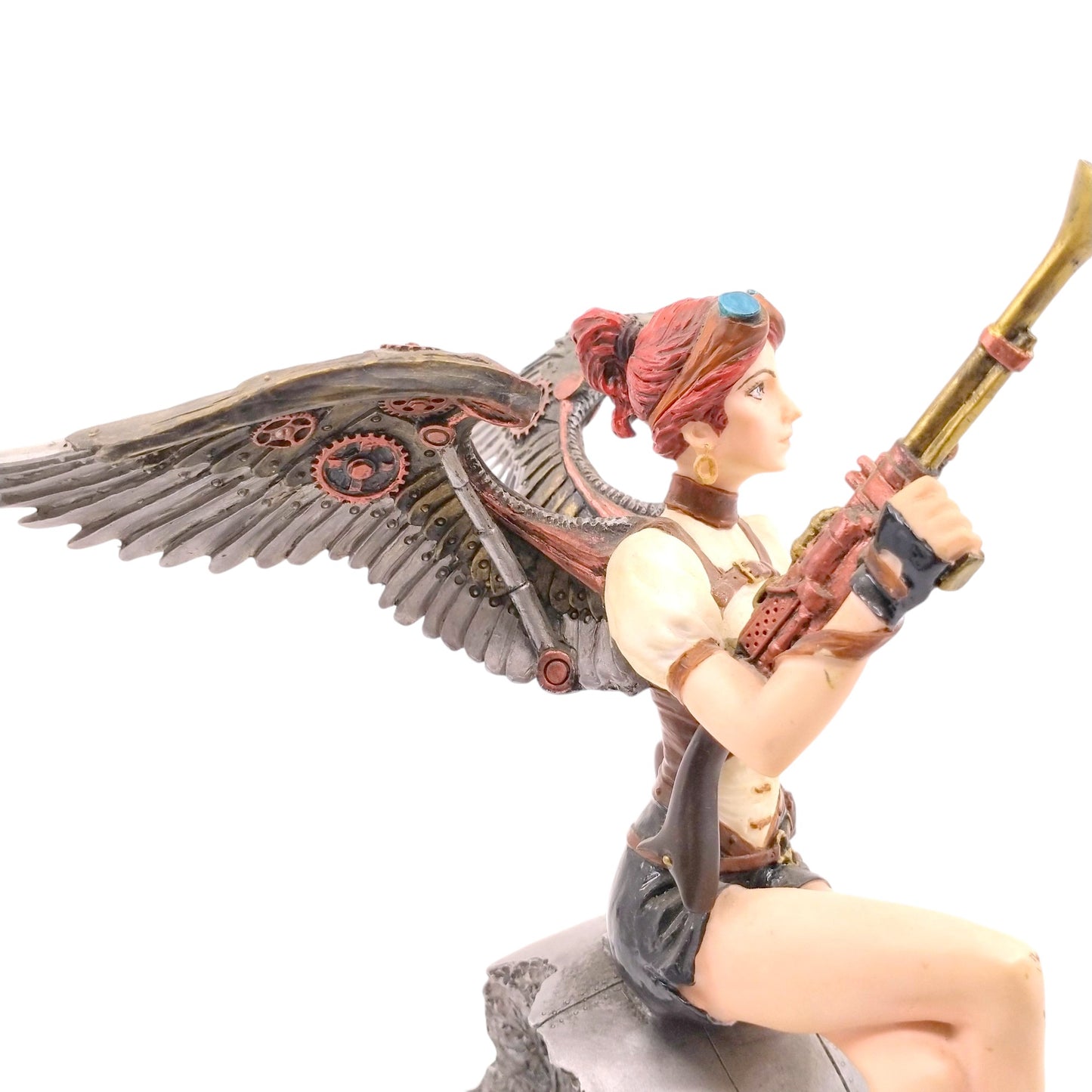 Female Warrior Sitting on Propeller Engine Figurine Cold Cast Resin Hand Painted 21 cm