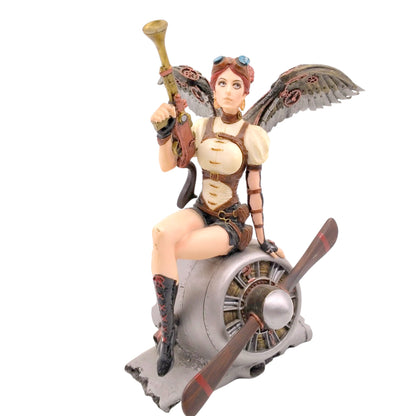 Female Warrior Sitting on Propeller Engine Figurine Cold Cast Resin Hand Painted 21 cm