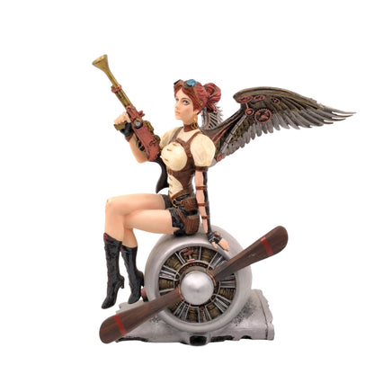 Female Warrior Sitting on Propeller Engine Figurine Cold Cast Resin Hand Painted 21 cm