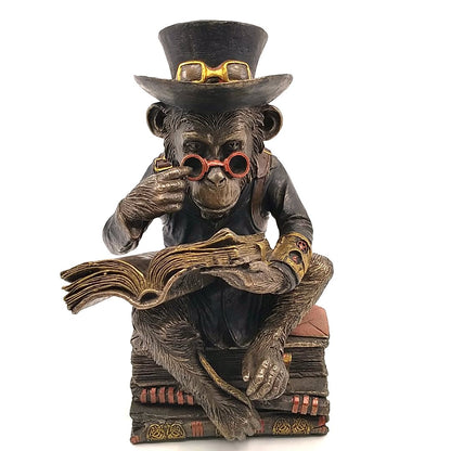 Kitap Okuyan Şempanze Dekoratif Biblo Cold Cast Resin El Boyaması 19,5 cm