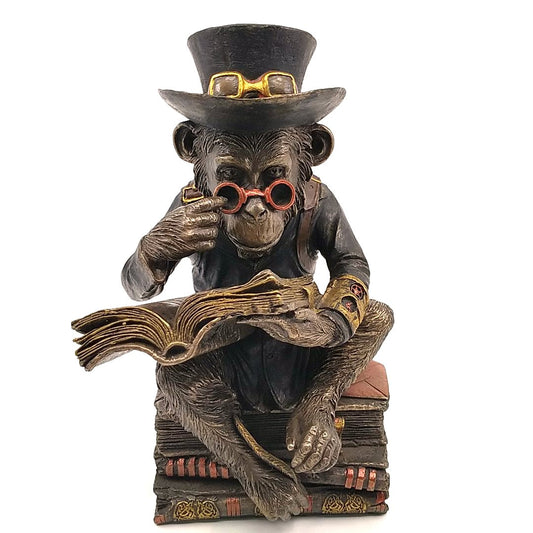 Chimpanzee Reading Book Decorative Figurine Cold Cast Resin Hand Painted 19.5 cm