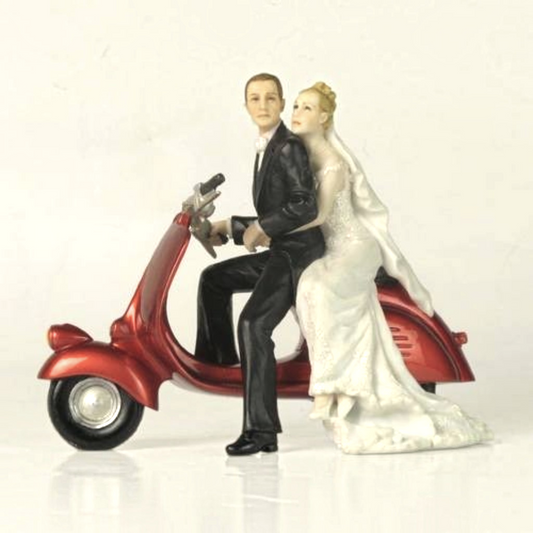 Bride and Groom on Motorcycle Figurine Cold Cast Resin Hand Painted 15 cm
