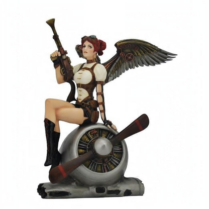 Pervane Motorunda Oturan Kadın Savaşçı Biblo Cold Cast Resin El Boyaması 21 cm