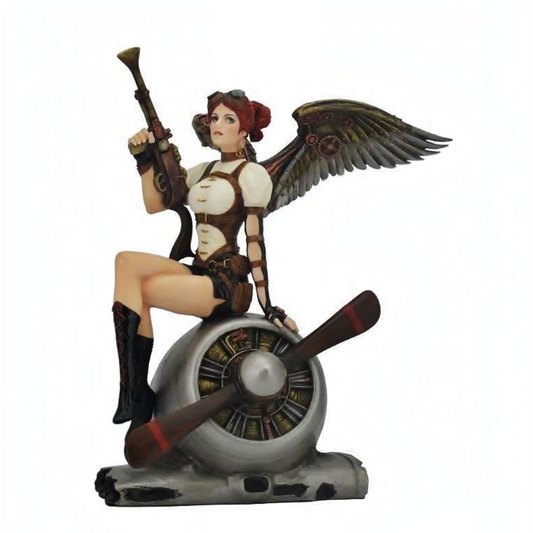 Female Warrior Sitting on Propeller Engine Figurine Cold Cast Resin Hand Painted 21 cm