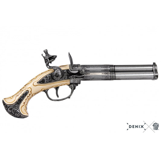 Denix 18. Yüzyıl Fransız 3 Namlulu Döner Çakmaklı Tabanca Replikası – Flintlock Dekoratif Tabanca