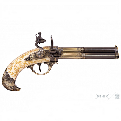 Denix 18th Century French 3-Barrel Flintlock Pistol Replica - Eagle Head Hilt (Decorative)