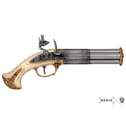 Denix 18th Century French 4-Barrel Flintlock Pistol Replica - Flintlock Decorative Pistol