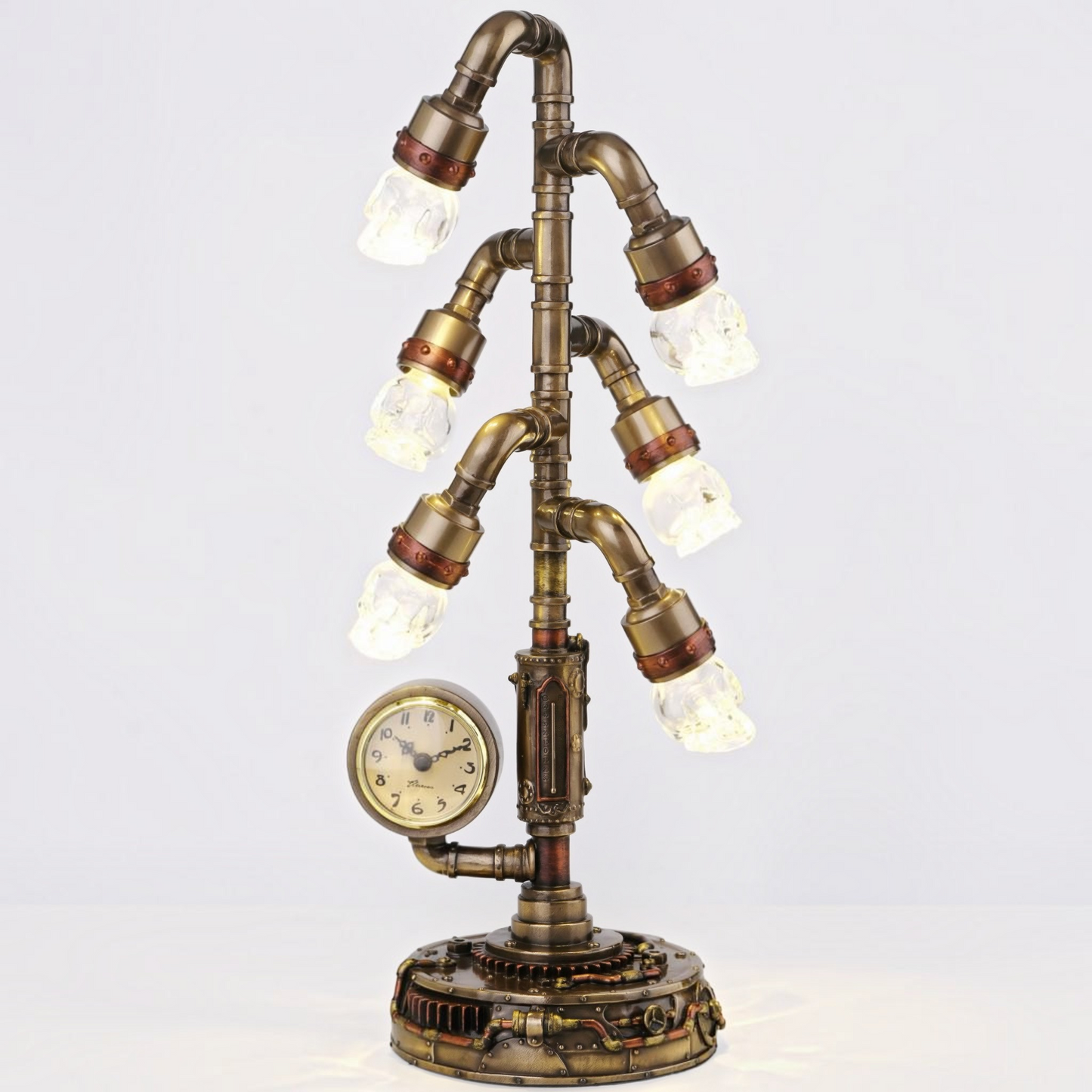 Steampunk Işıklı Masa Saati Cold Cast Resin El Boyaması 43 cm