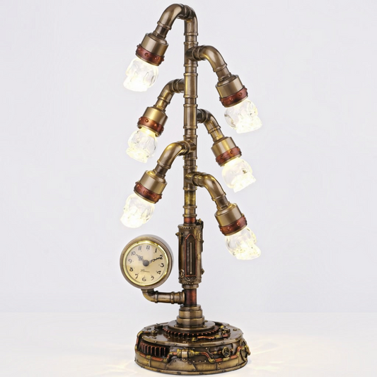 Steampunk Işıklı Masa Saati Cold Cast Resin El Boyaması 43 cm