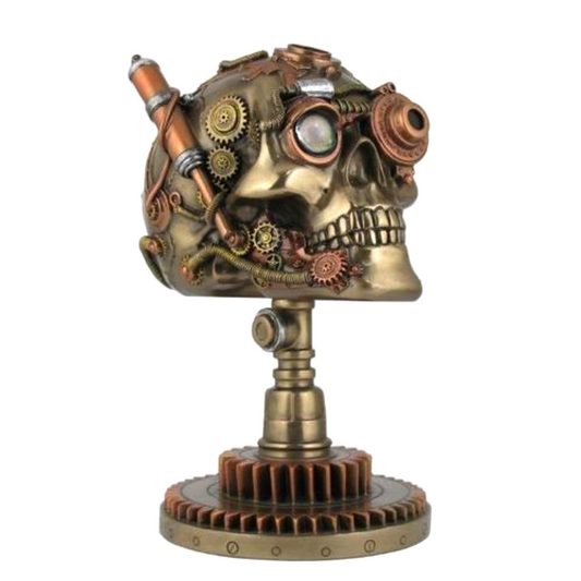 Çarklı Kurukafa Dekoratif Biblo | Soğuk Döküm Reçine (Cold Cast Resin) El Boyaması Steampunk Heykel 22,5 cm